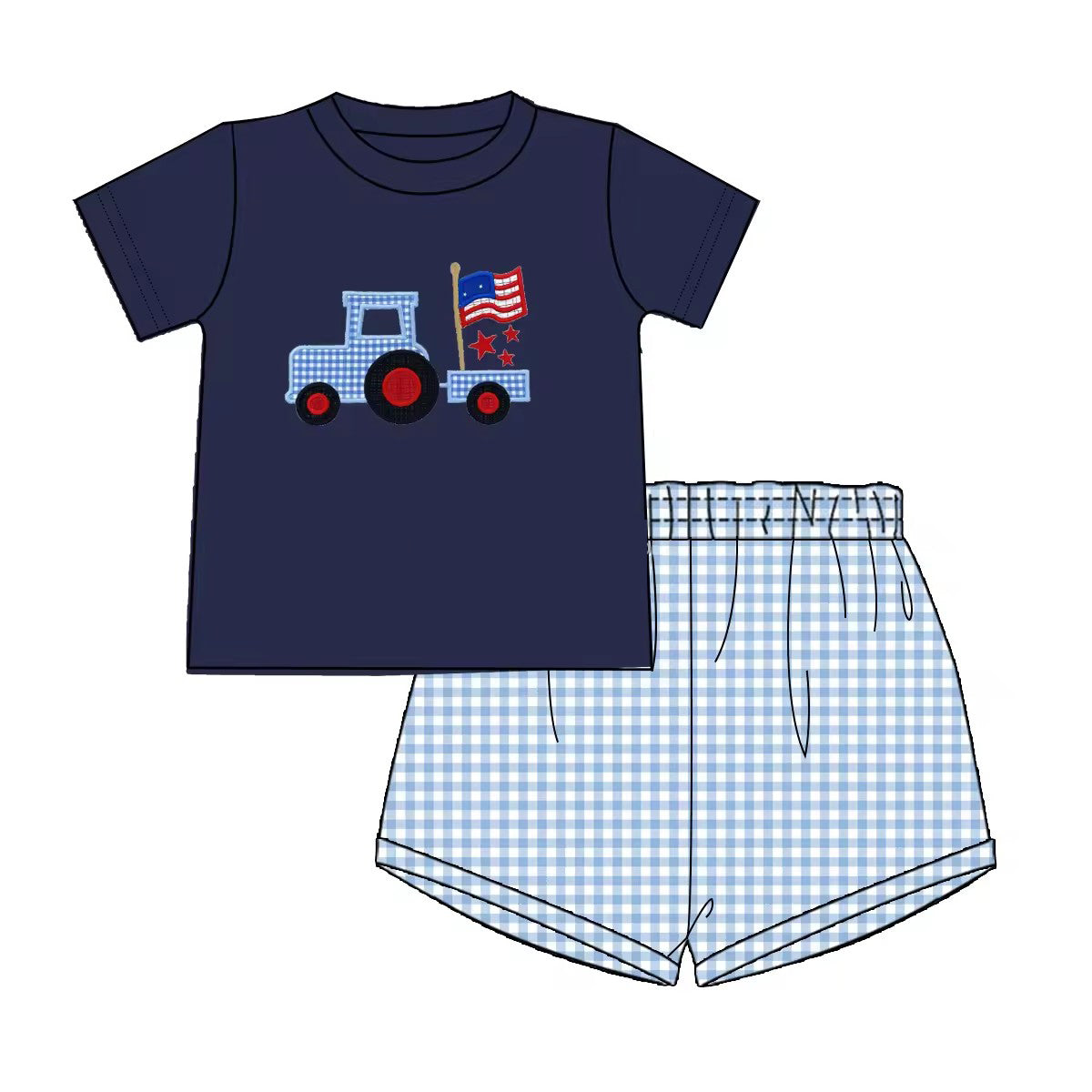 preorder BSSO0911 July 4th truck flag navy blue short sleeve blue checkered shorts boys set