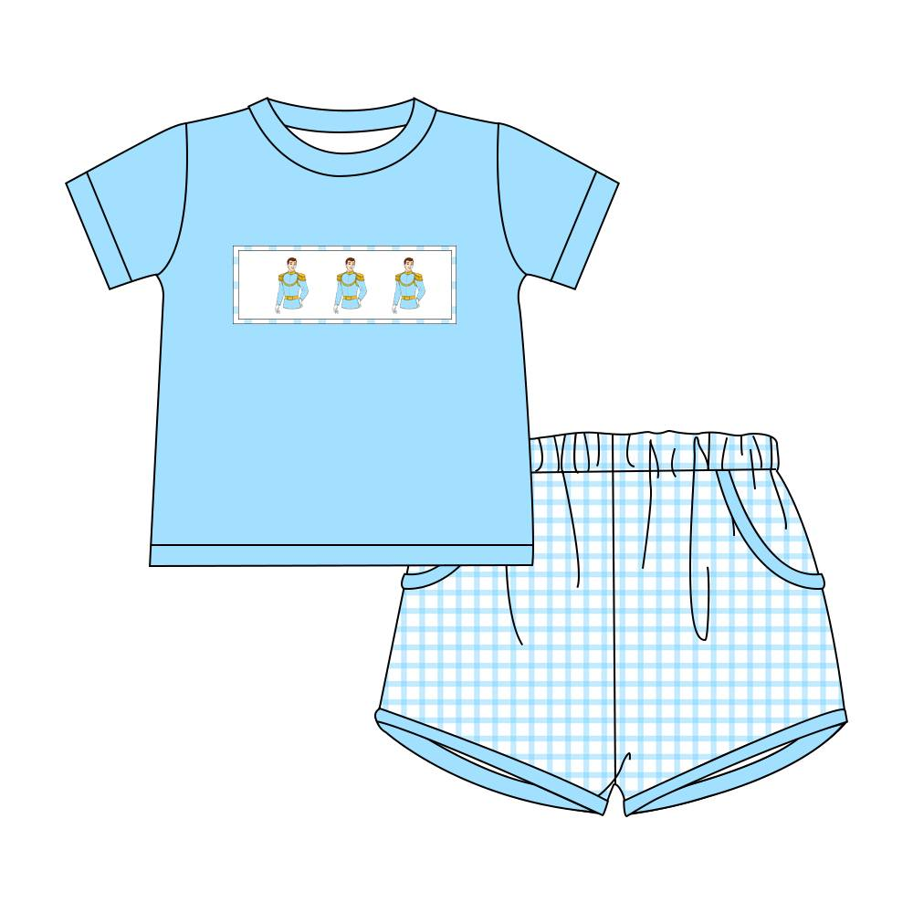 preorder BSSO0914 cartoon King blue short sleeve blue checkered shorts boys set