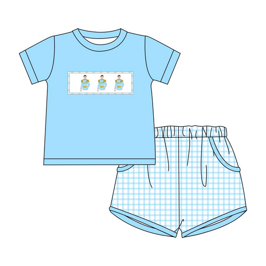 preorder BSSO0914 cartoon King blue short sleeve blue checkered shorts boys set
