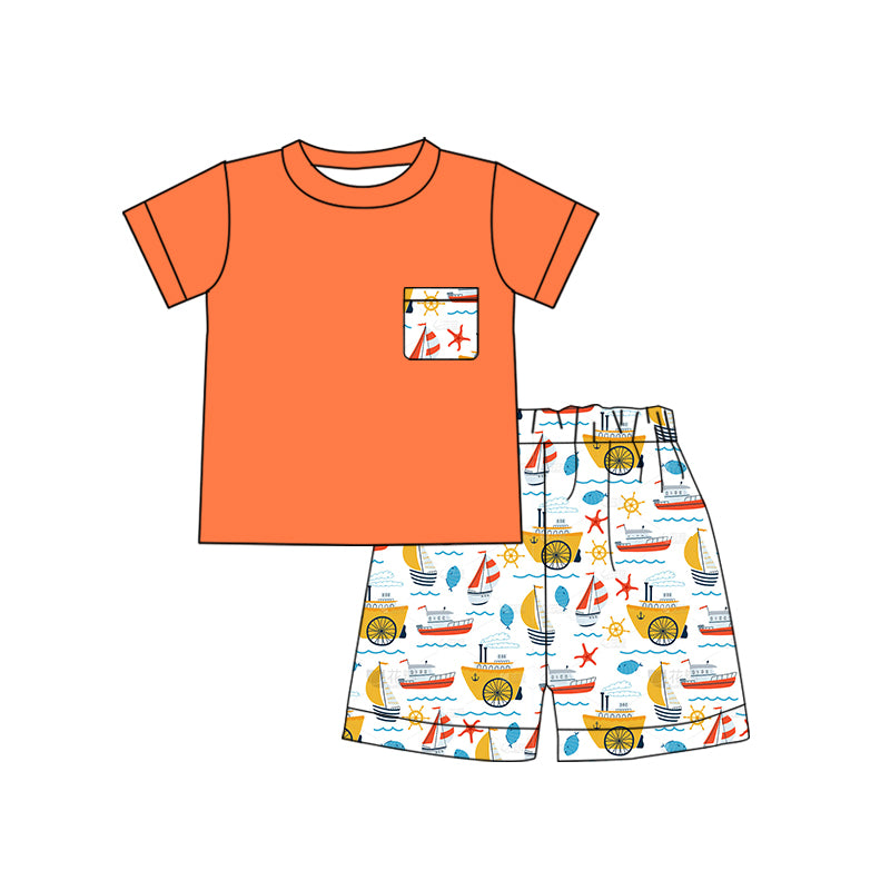 preorder BSSO0915 sailboat boat orange pocket short sleeve boys shorts set