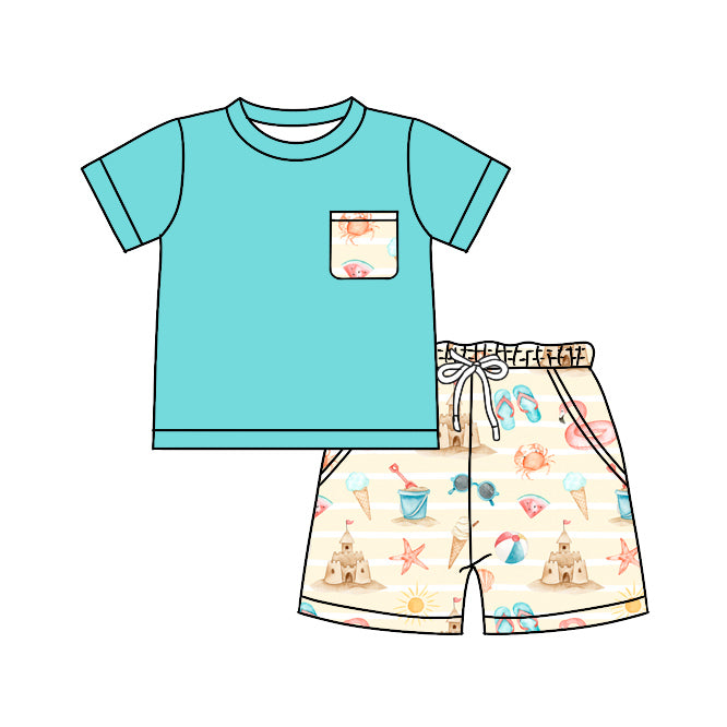 preorder BSSO0917 sandbeach castle pocket sky blue short sleeve boys shorts set