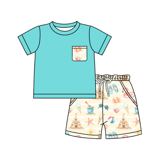 preorder BSSO0917 sandbeach castle pocket sky blue short sleeve boys shorts set
