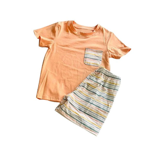 preorder BSSO0918 orange pocket short sleeve colorful striped shorts boys set