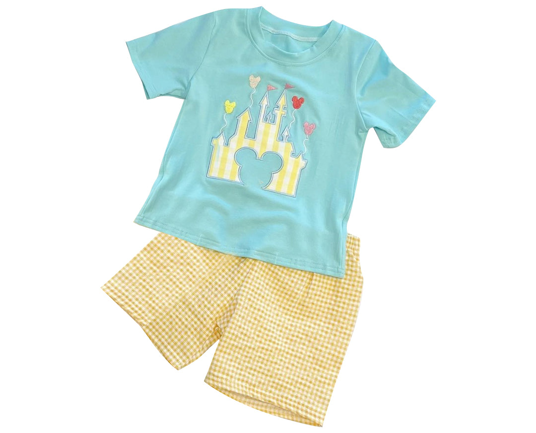 custom moq 3 cartoon M mouse castle sky blue short sleeve yellow checkered shorts boys set