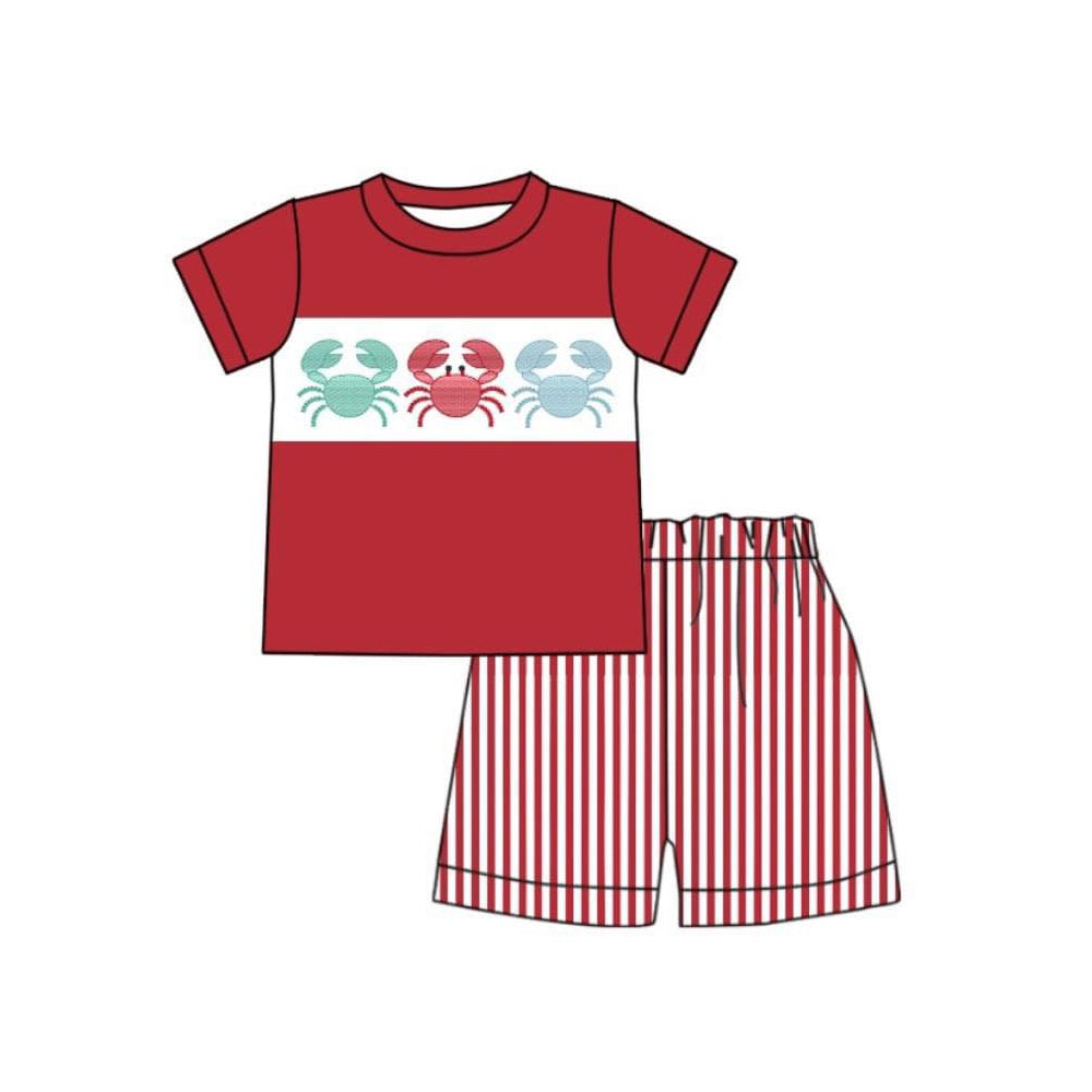 preorder BSSO0928 cute crab red short sleeve red striped shorts boys set