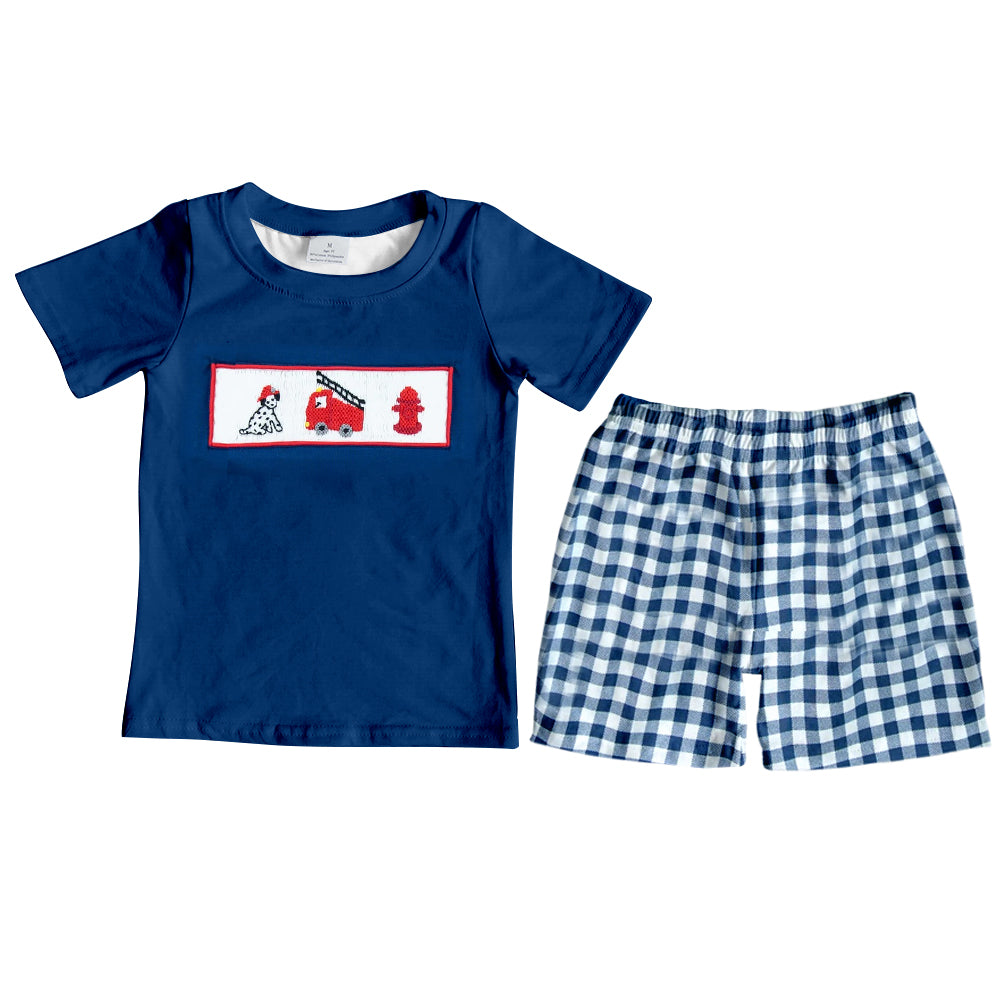 preorder BSSO0930 cute firetruck dog navy blue short sleeve blue checkered shorts boys set