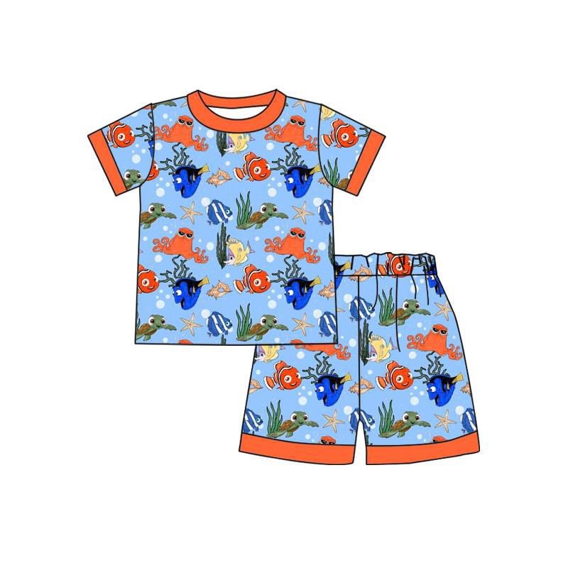 preorder BSSO0945 cartoon cute fish blue short sleeve shorts boys pajamas