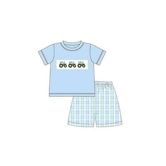 preorder BSSO0946 farm tractor blue short sleeve blue checkered shorts boys set