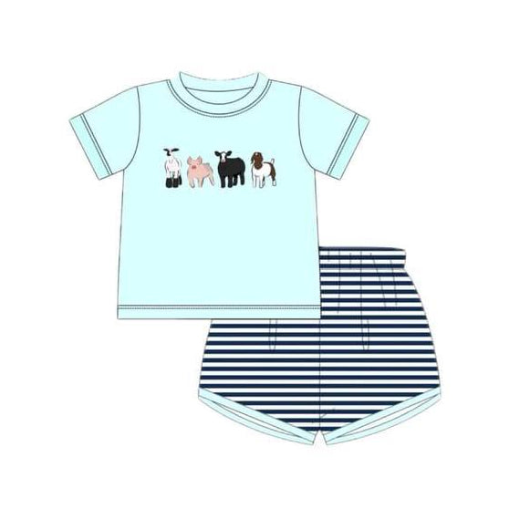 preorder BSSO0947 farm homestead animals cow sky blue short sleeve black striped shorts boys set