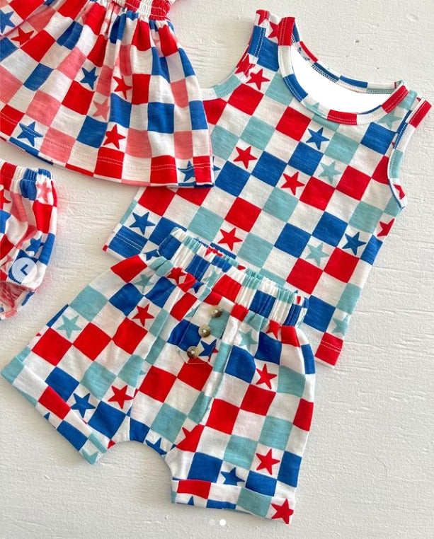 preorder BSSO0949 July 4th star blue red checkered sleeveless shorts boys set