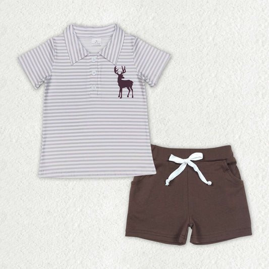 BSSO0951 hunting deer striped short sleeve brown shorts boys set