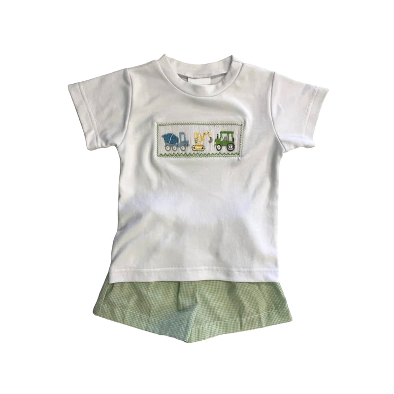 preorder BSSO0955 cute construction truck white short sleeve green checkered shorts boys set