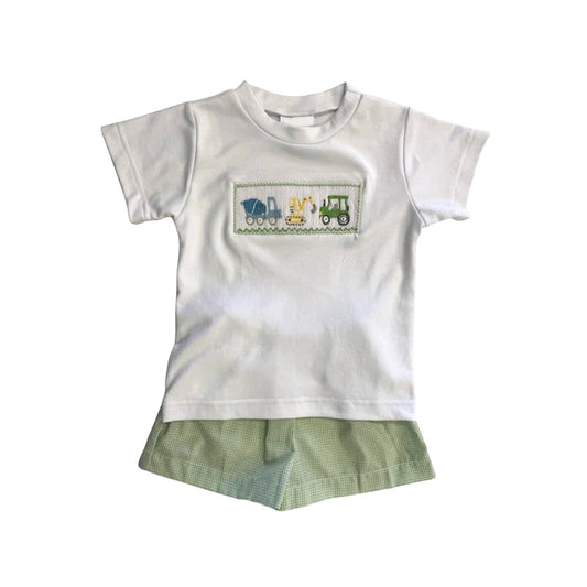 preorder BSSO0955 cute construction truck white short sleeve green checkered shorts boys set