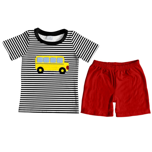 preorder BSSO0957 back to school bus black striped short sleeve red shorts boys set