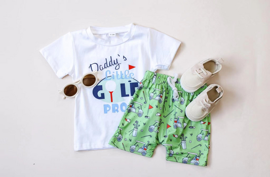 preorder BSSO0962 Daddy's little golf pro short sleeve green golf shorts boys set