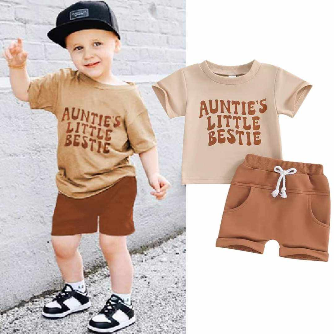 preorder BSSO0963 Auntie's little bestie brown short sleeve brown shorts boys set