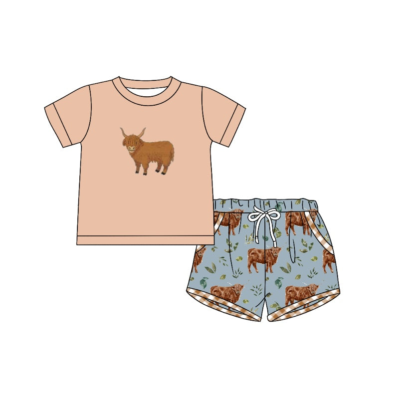 preorder BSSO0965 highland cow khaki short sleeve blue shorts boys set
