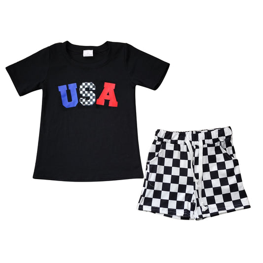 preorder BSSO0966 July 4th USA black short sleeve black checkered shorts boys set