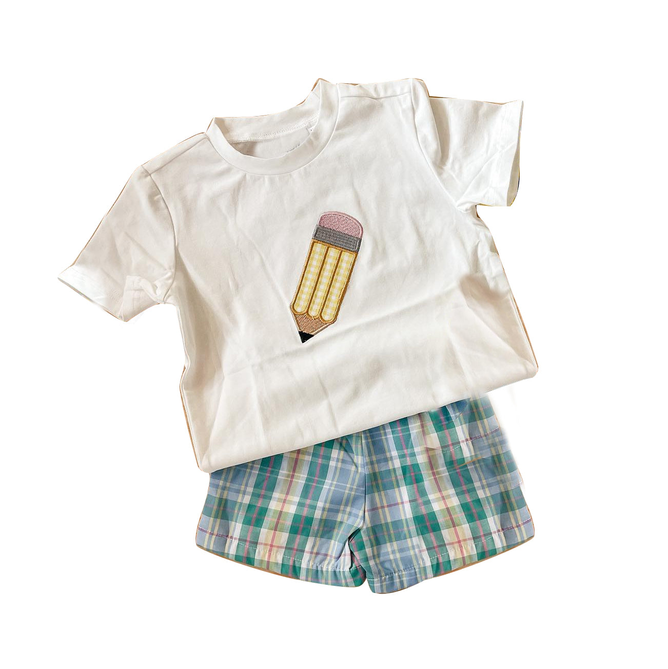 preorder BSSO0968 back to school pen white short sleeve colorful checkered shorts boys set