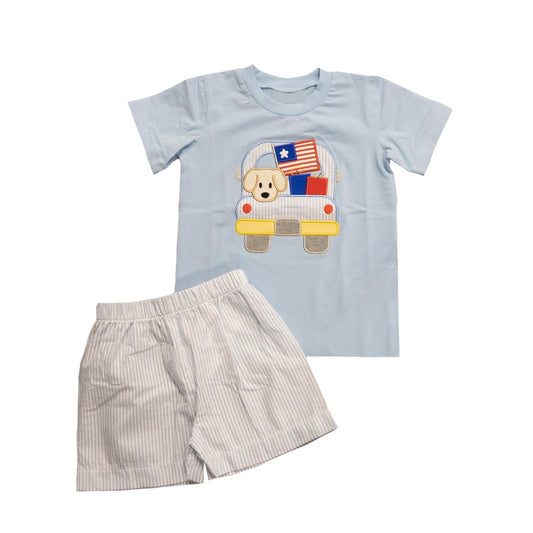 preorder BSSO0971 July 4th dog car light blue short sleeve striped shorts boys set