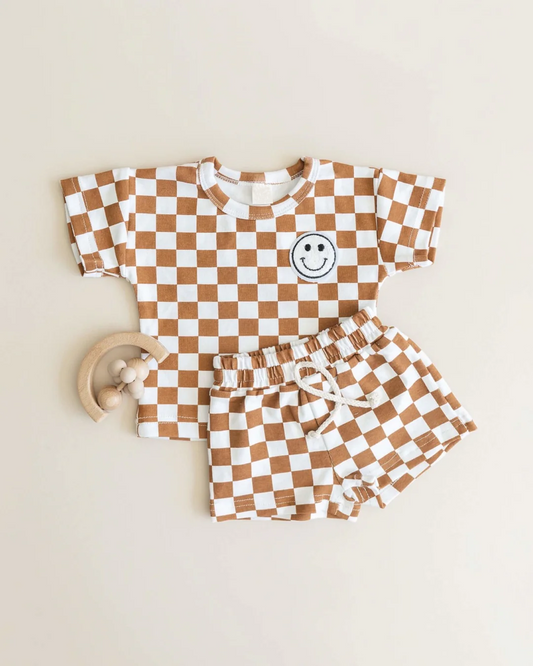 preorder BSSO0976 smile brown checkered short sleeve shorts boys set