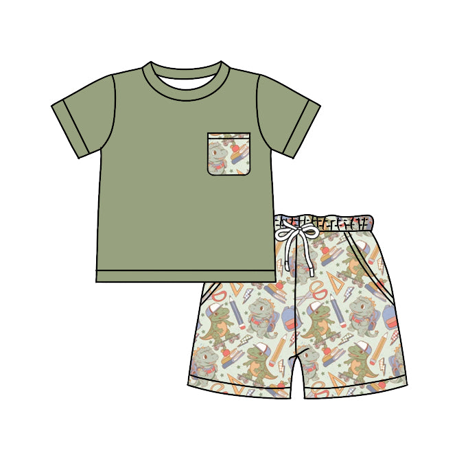 preorder BSSO0981 back to school dinosaur green pocket short sleeve shorts boys set