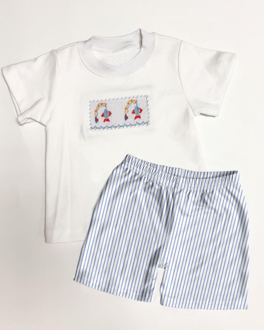 preorder BSSO0982 fishing white short sleeve blue striped shorts boys set