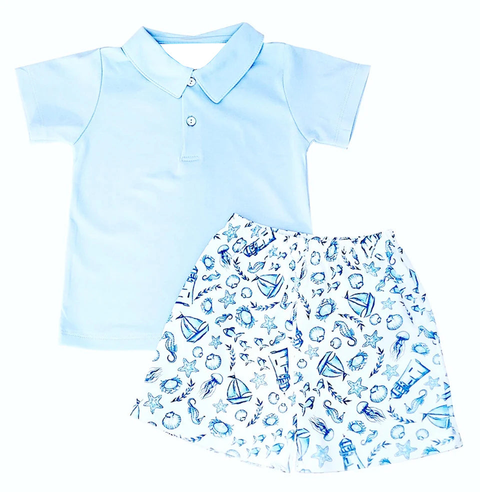 preorder BSSO0988 blue short sleeve sailboat starfish shorts boys set