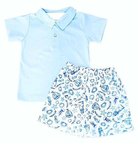 preorder BSSO0988 blue short sleeve sailboat starfish shorts boys set