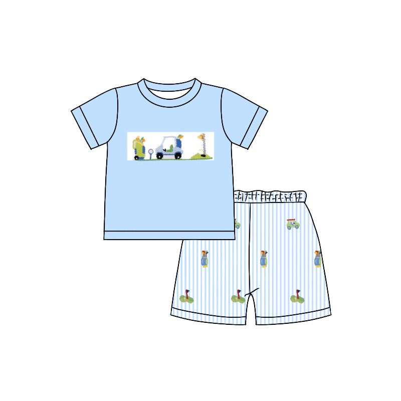 preorder BSSO0993 golf car blue short sleeve blue striped shorts boys set