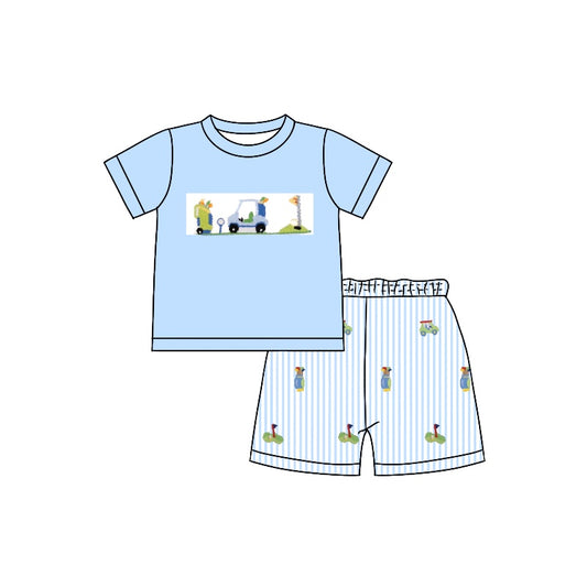 preorder BSSO0993 golf car blue short sleeve blue striped shorts boys set