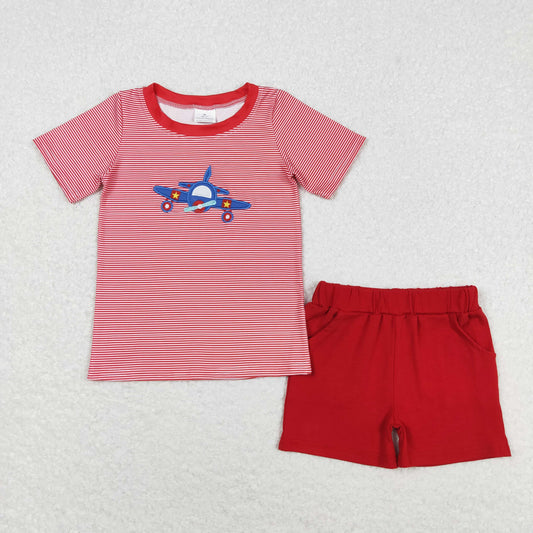 BSSO0995 embroidery cute plane red striped short sleeve red shorts boys set