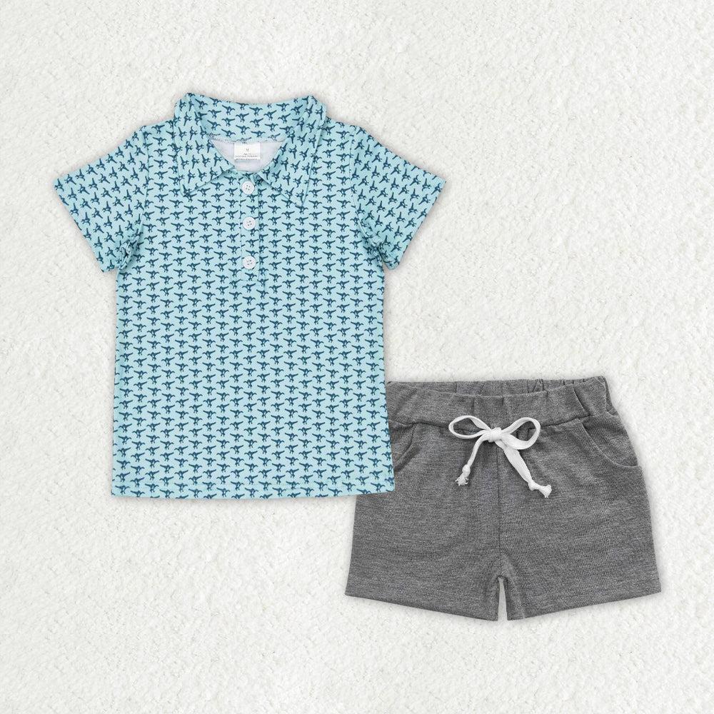 BSSO0998 mallard blue short sleeve grey shorts boys set