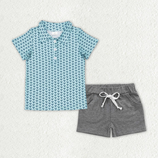 BSSO0998 mallard blue short sleeve grey shorts boys set