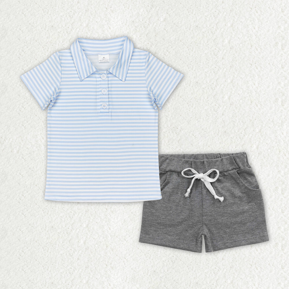 BSSO0999 blue striped short sleeve grey shorts boys set