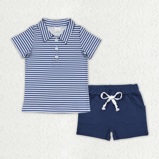 BSSO1000 navy blue striped short sleeve navy blue shorts boys set