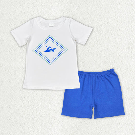 BSSO1001 cute boat white short sleeve blue shorts boys set