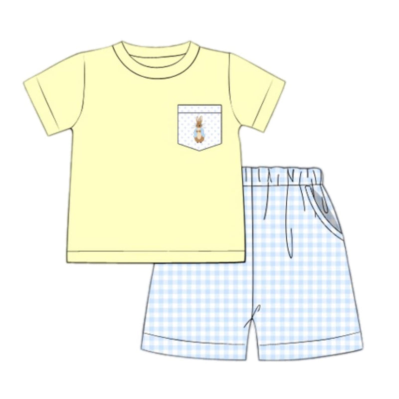 preorder BSSO1005 Easter cute bunny rabbit yellow pocket short sleeve blue checkered shorts boys set