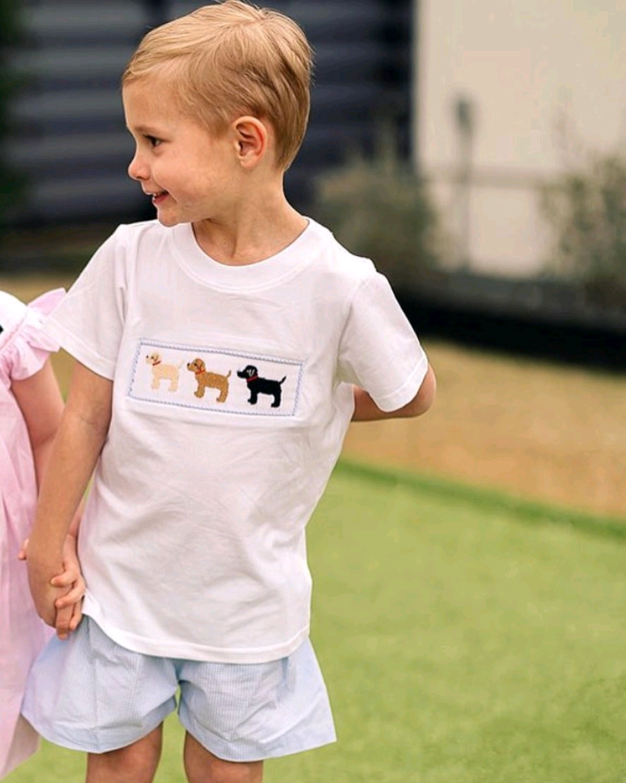 Preorder BSSO1007 cartoon cute dog white short sleeve blue shorts boys set
