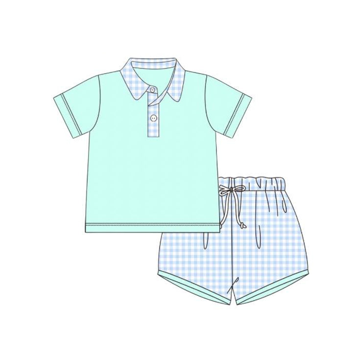 Preorder BSSO1011 aqua color short sleeve blue checkered shorts boys set