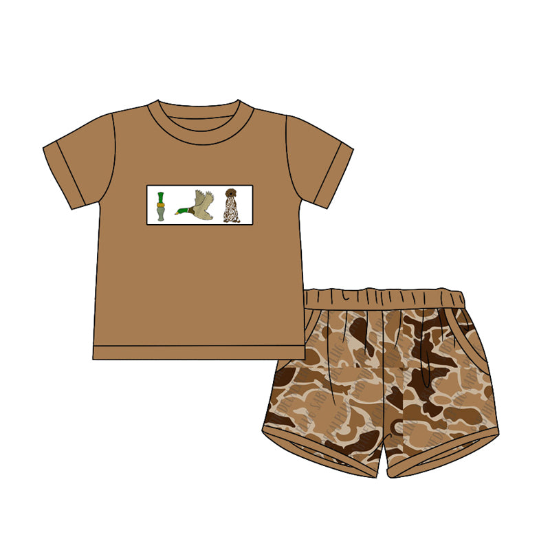 preorder BSSO1020 hunting camo duck call mallard dog brown short sleeve camo shorts boys set