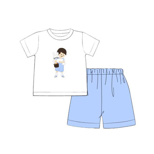 preorder BSSO1022 Easter rabbit baby boy short sleeve blue shorts boys set