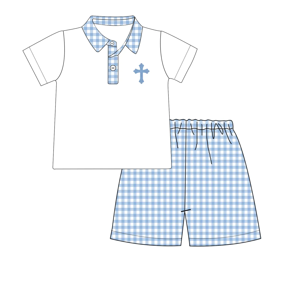 preorder BSSO1023 Easter cross short sleeve blue checkered shorts boys set