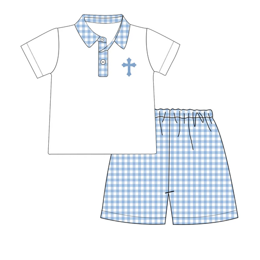 preorder BSSO1023 Easter cross short sleeve blue checkered shorts boys set