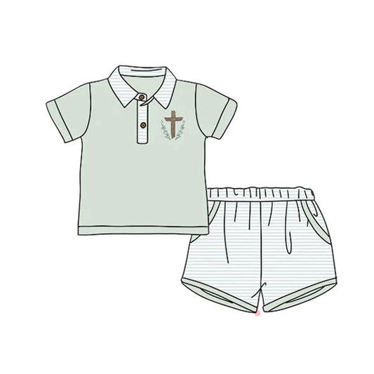 preorder BSSO1025 Easter cross light green short sleeve striped shorts boys set