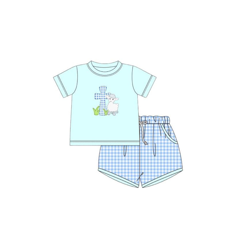 Preorder BSSO1027 Easter cross sheep aqua short sleeve blue checkered shorts boys set