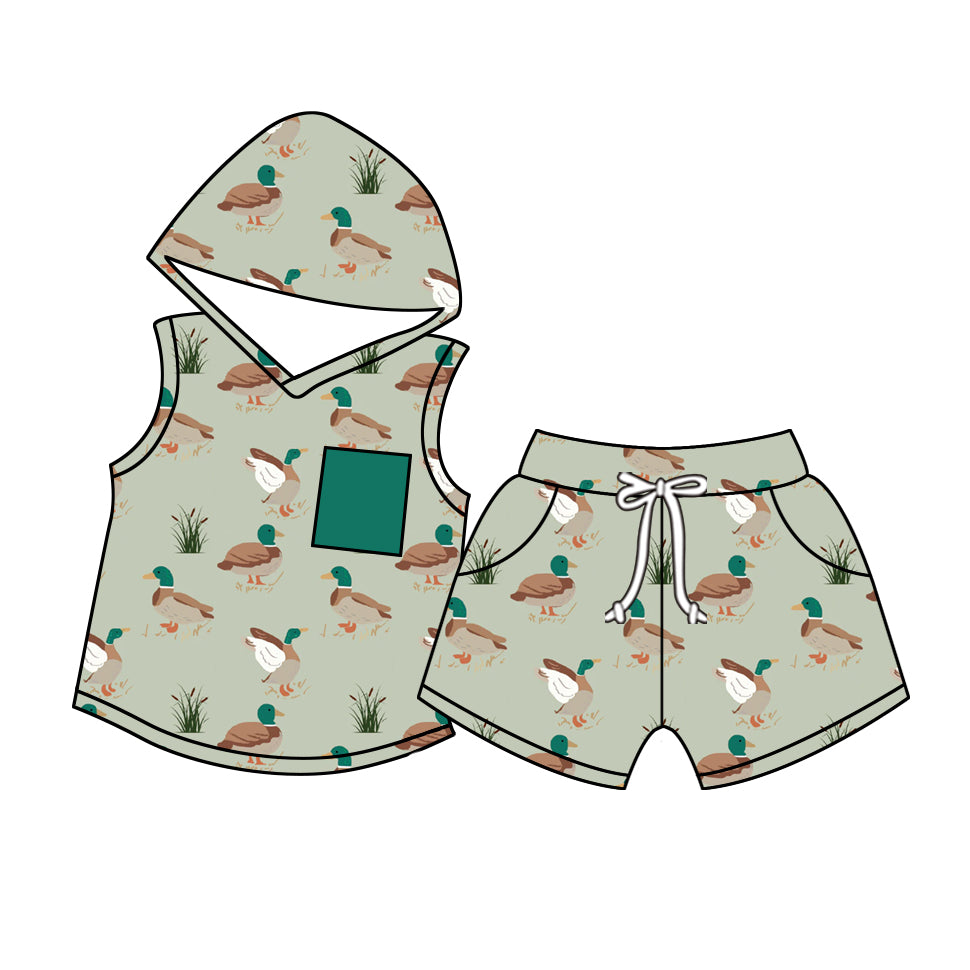 Preorder BSSO1028 hunting season mallard duck pocket sleeveless hoodie shorts boys set