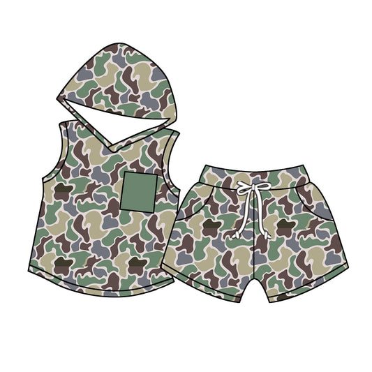 Preorder BSSO1031 hunting season duck camo pocket sleeveless hoodie shorts boys set