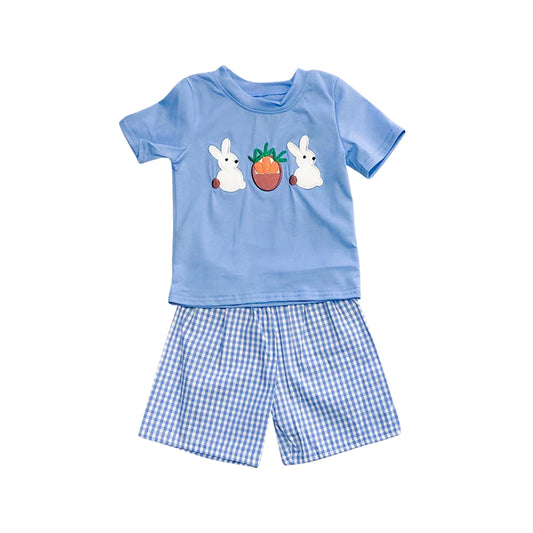 preorder BSSO1032 Easter egg bunny rabbit blue short sleeve checkered shorts boys set