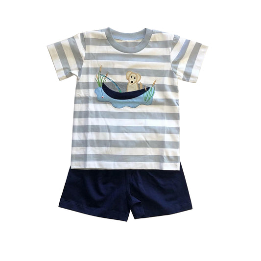preorder BSSO1043 hunting season dog fishing striped short sleeve navy blue shorts boys set